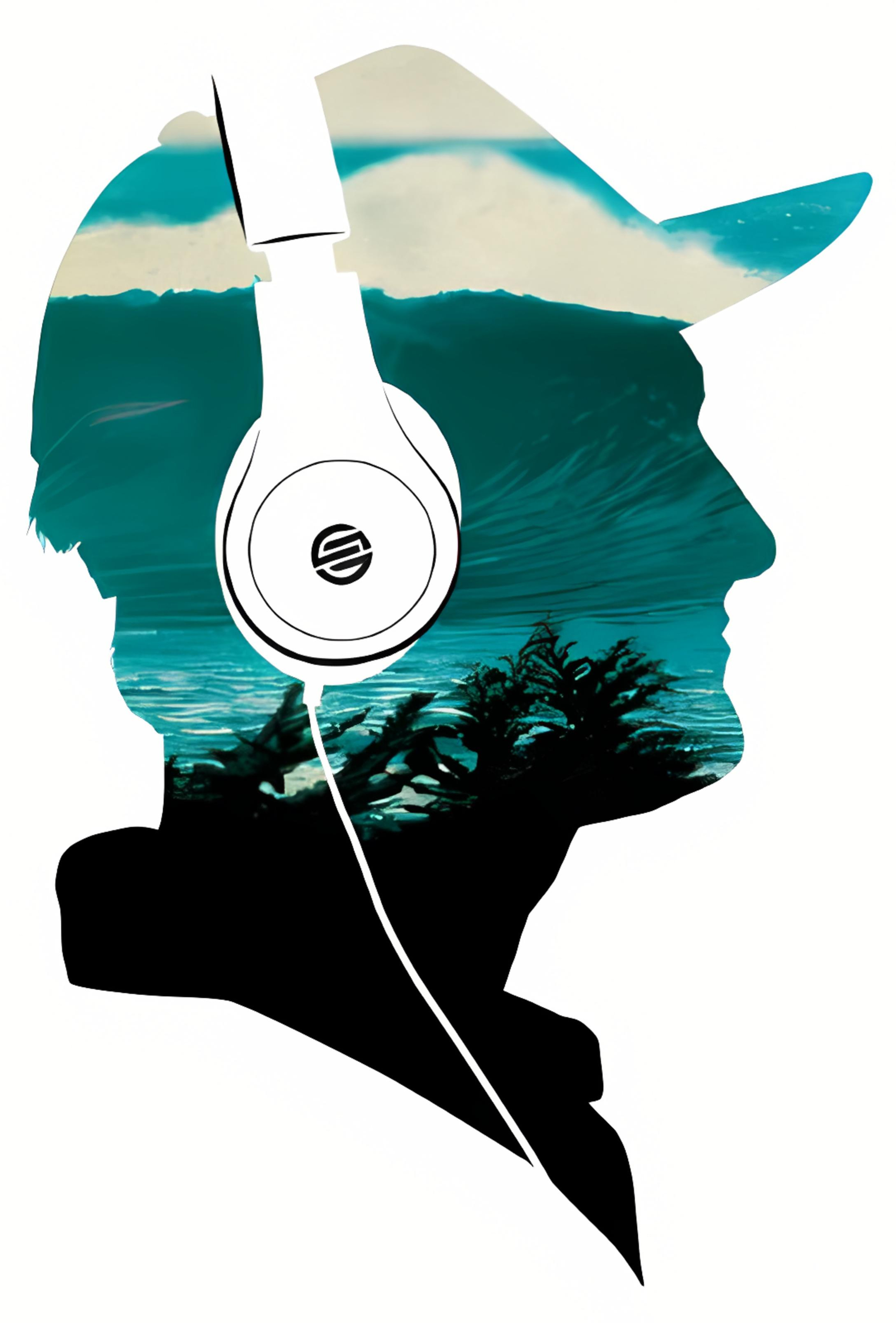 Illustrated silhouette of Ryan in a cap and headphones, filled with an ocean landscape