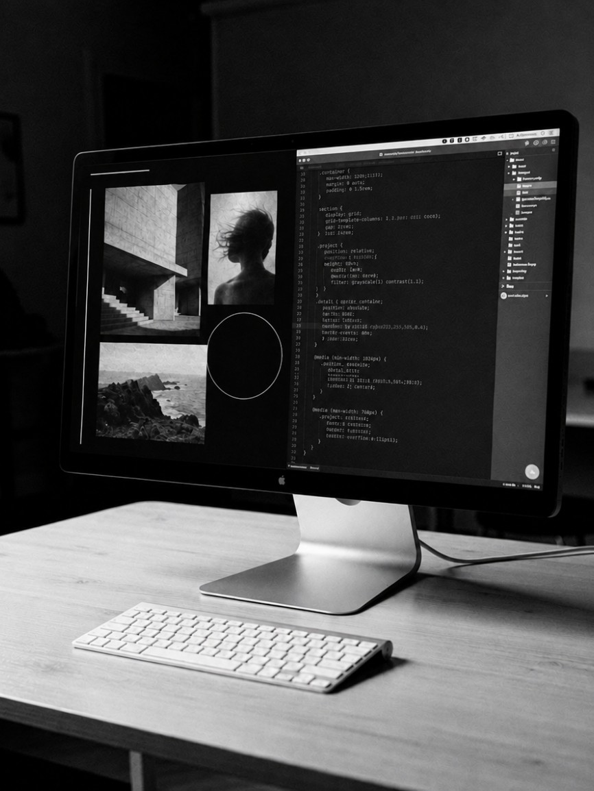 Desktop monitor showing a website design beside its code